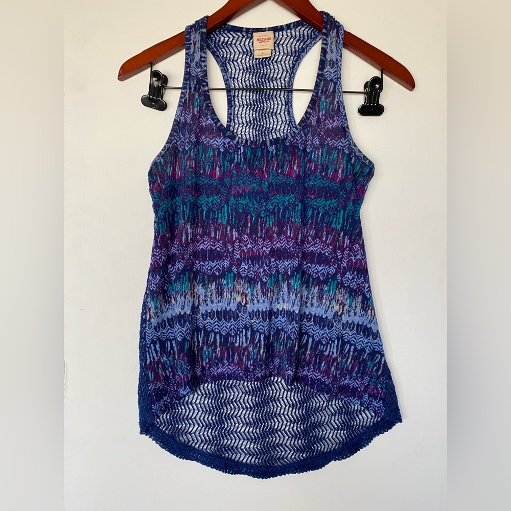 Mossimo - Y2K Blue Geo Design Sheer Open Back Tank Top Summer - Size S
